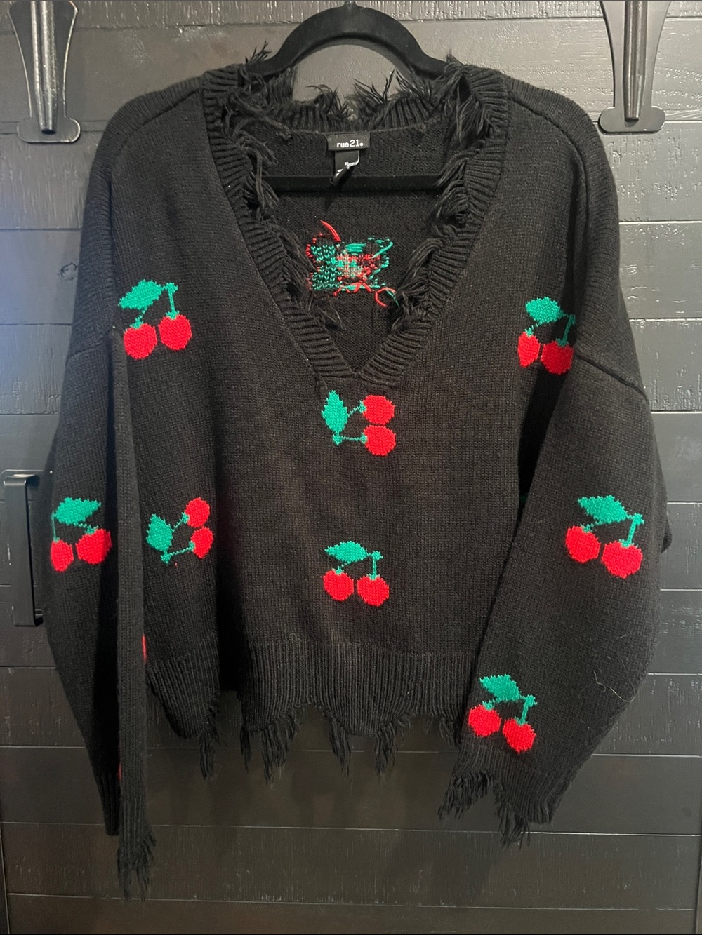 Rue21 Black V-Neck Distressed Cherry Knit Sweater